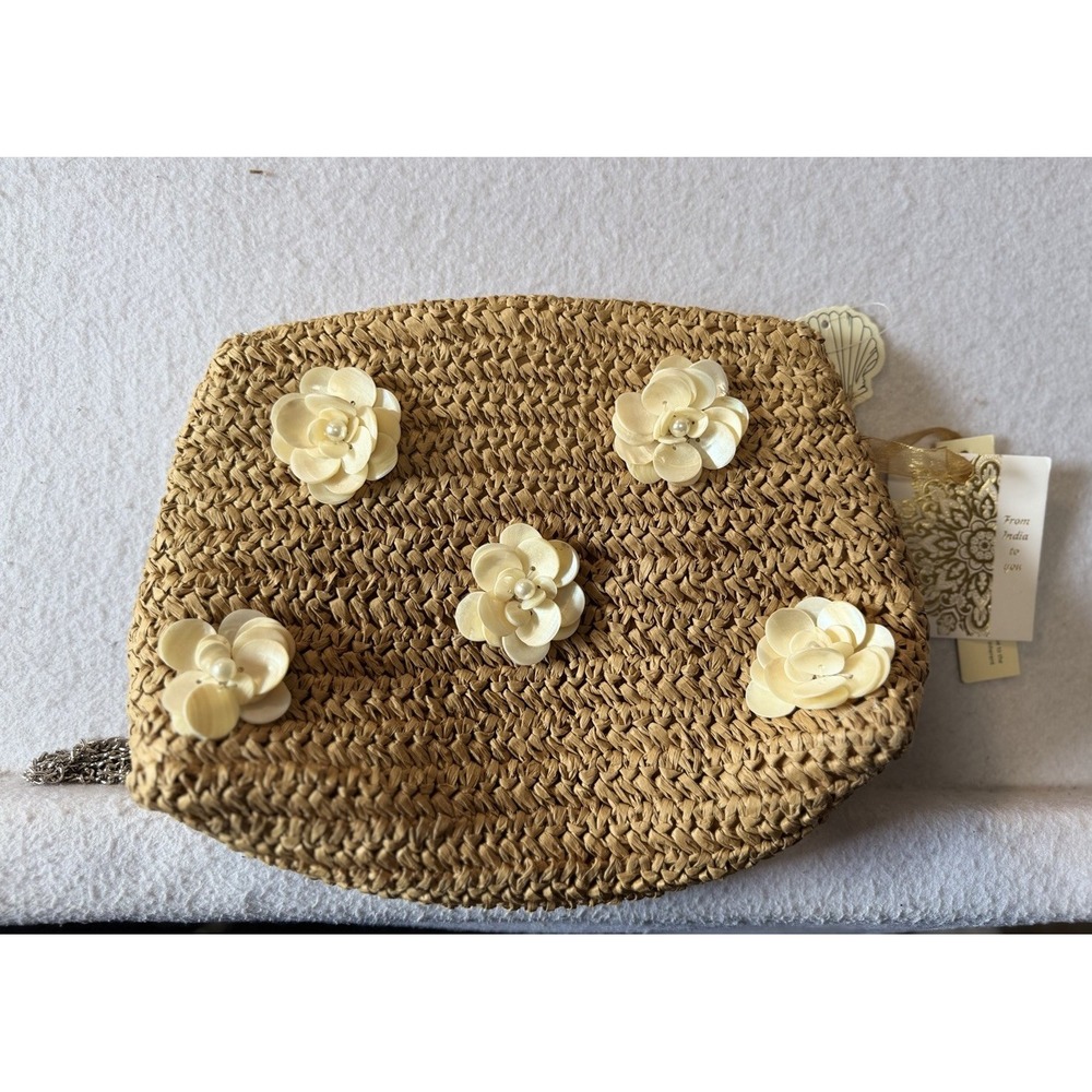 Handcrafted Straw Raffia Crossbody Bag Floral Shell From India To You Beach